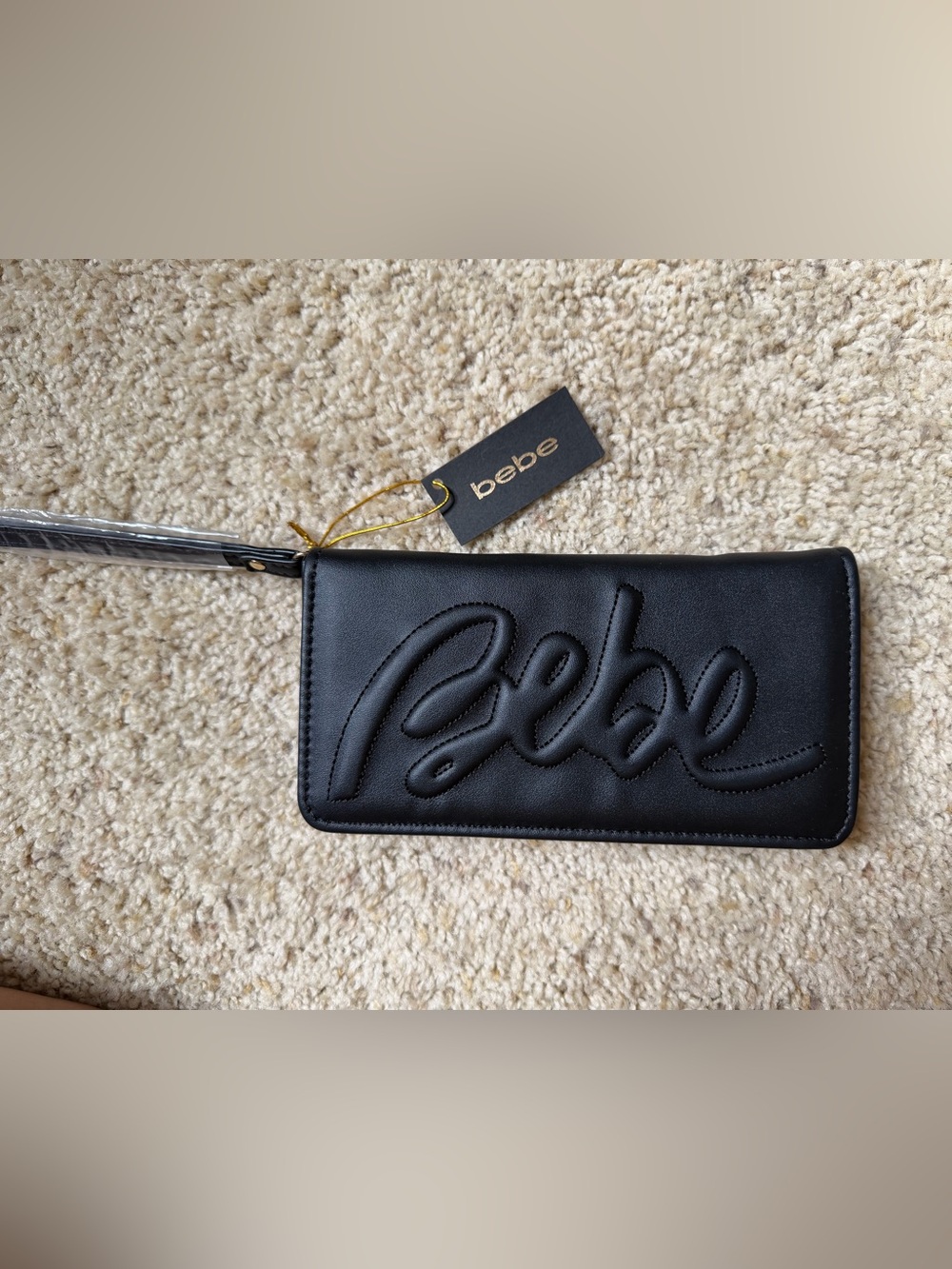 bebe Black Quilted Script Logo Wristlet Clutch
